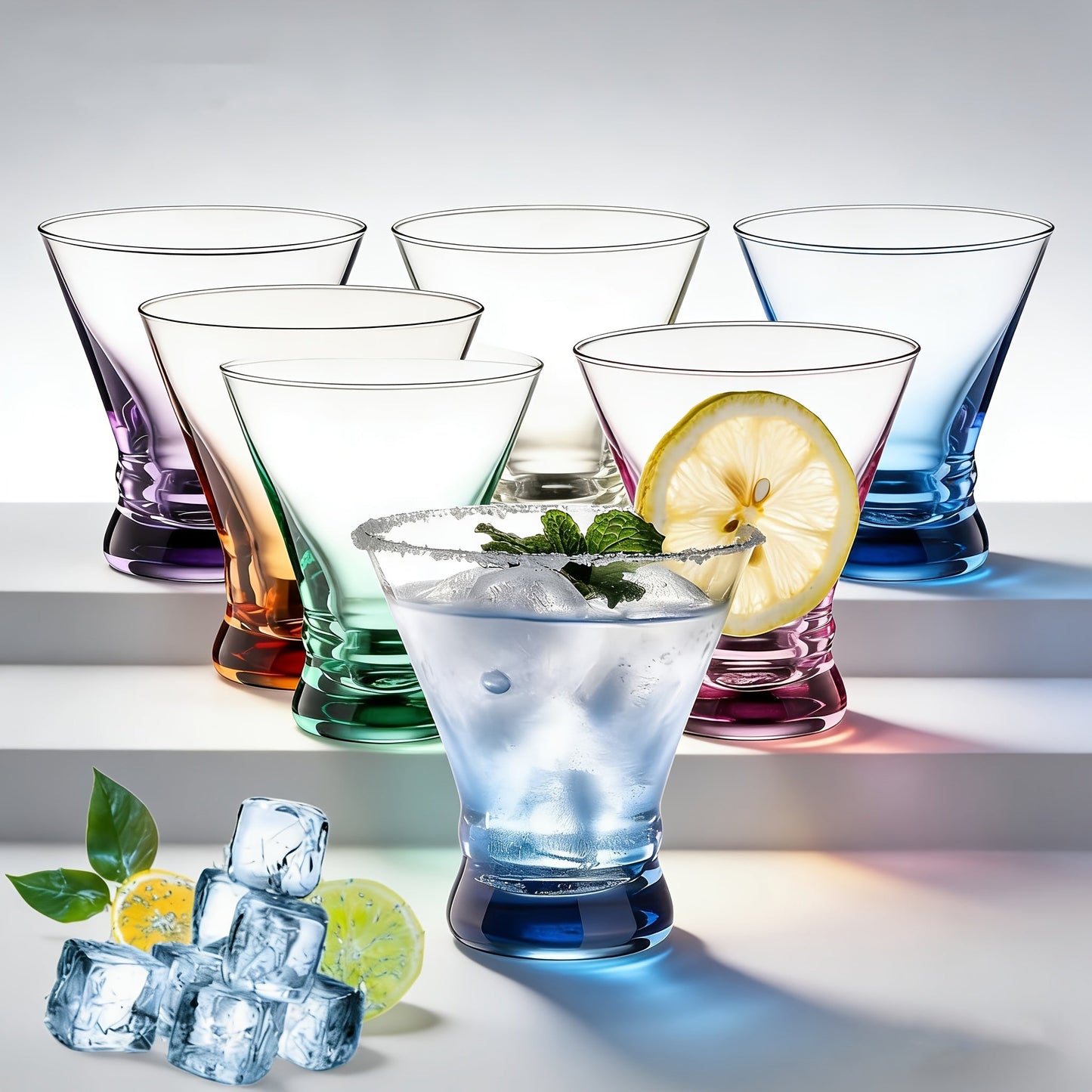 Stemless Martini Glasses Set of 6, 8oz Colored Cocktail Glasses, Margarita Bar Dessert Glassware with Gradient Color Base