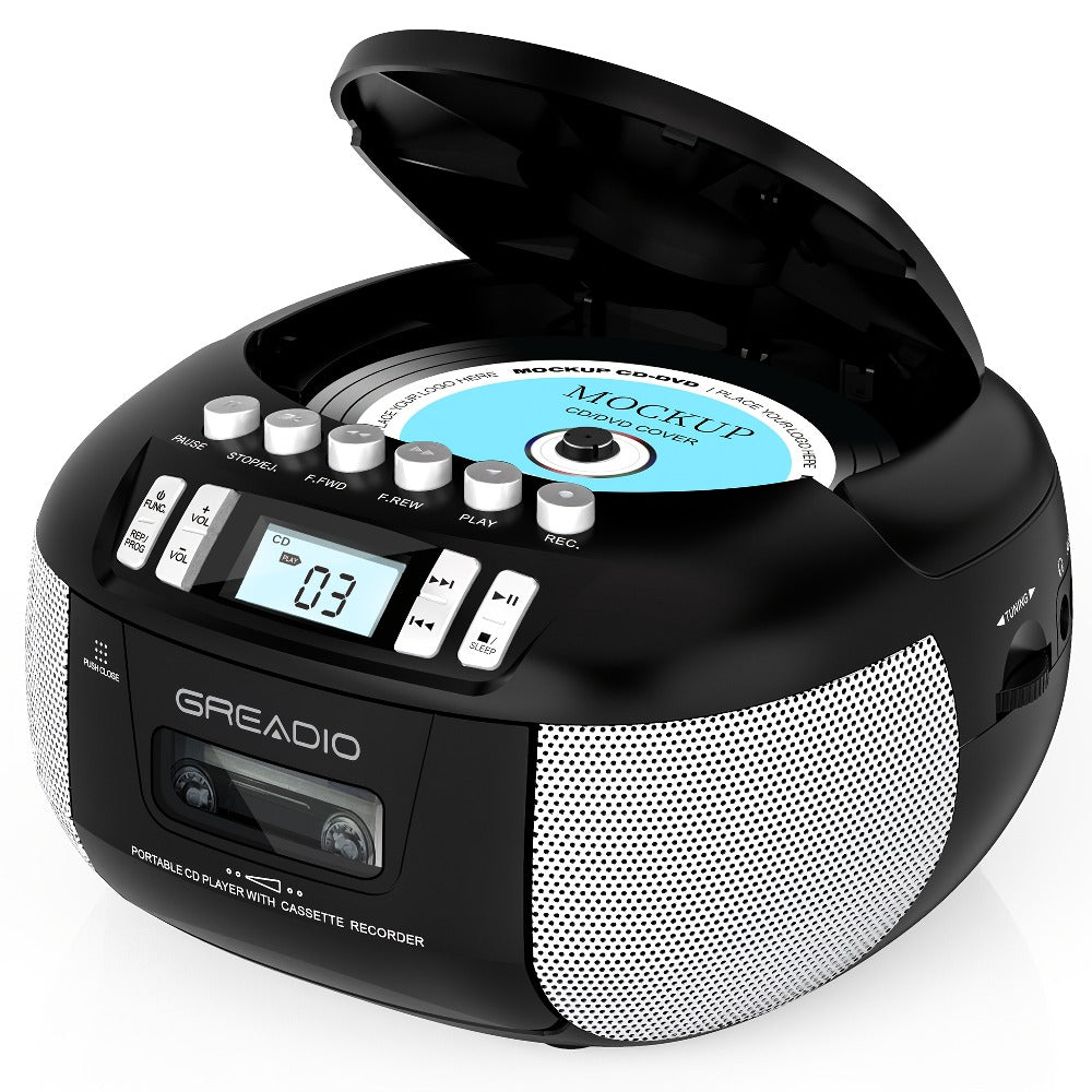CD and Cassette Player Combo Boombox Portable AM FM Radio Tape Recording Stereo Sound for Bedside Audio, Alarms and Room Entertainment