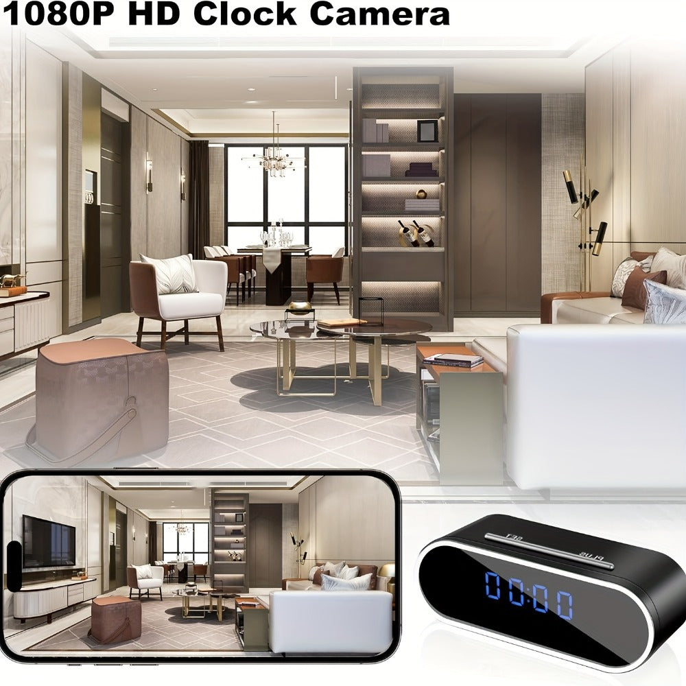 Security Camera 1080P Clock-Format Model with 64GB Card, Battery Power, Infrared Night Vision and Loop Recording