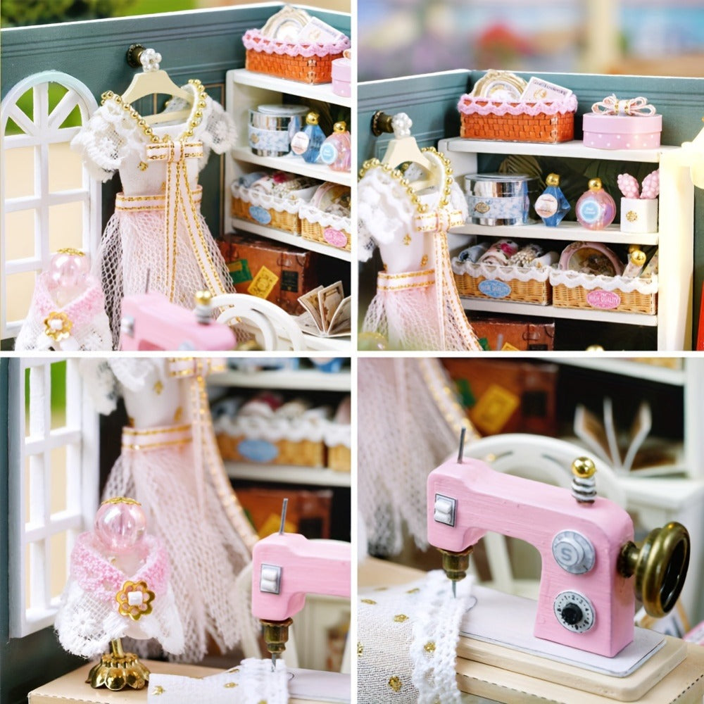 DIY Miniature Shop Dollhouse Kit with Dust Cover, Wooden Mini Store Assembly Set, 4 Themes Sakura Noodles Candy Atelier Coffee