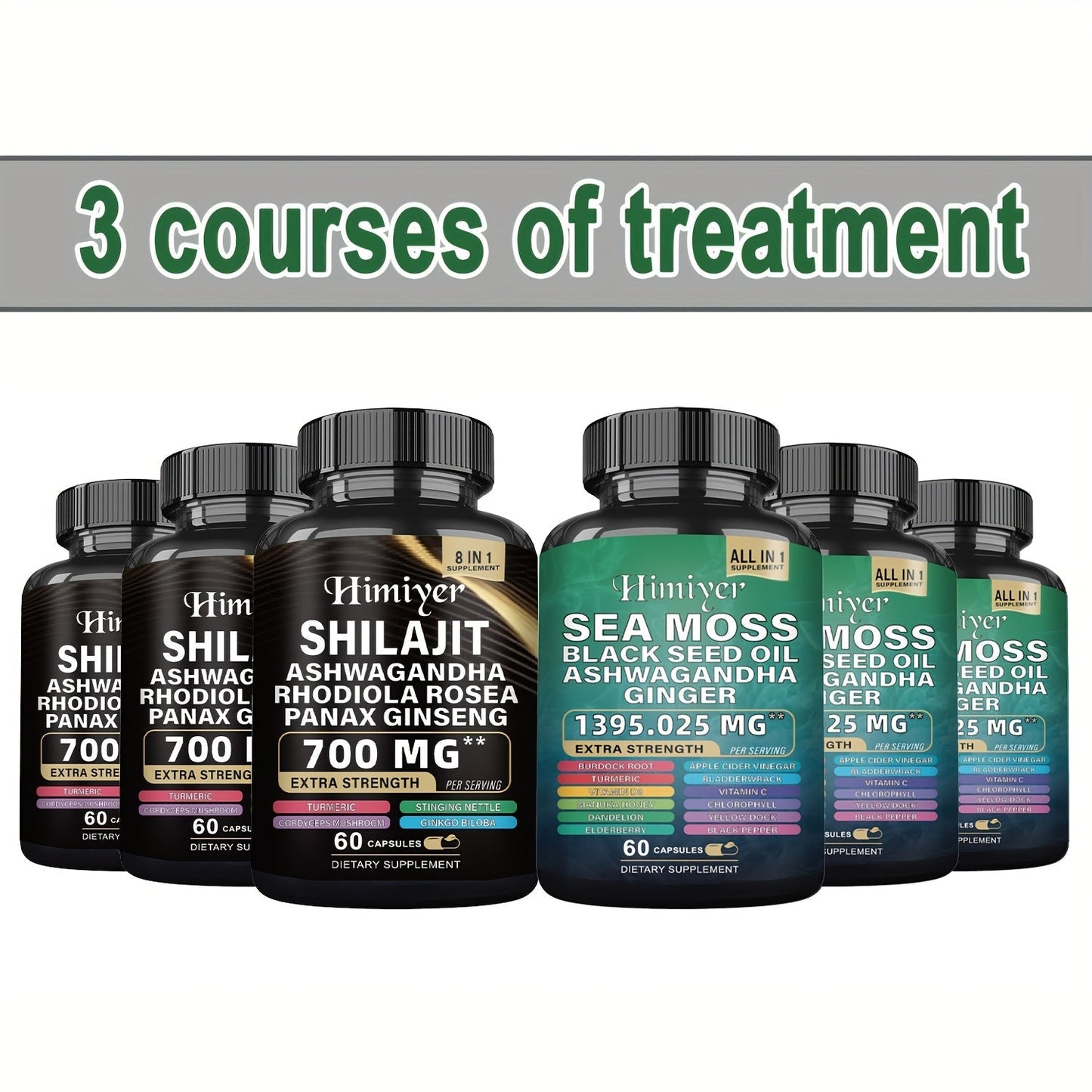 Dietary Supplement Six-Bottle Bundle with Himiyer Label, Sea Moss and Shilajit 60-Capsule Formulas
