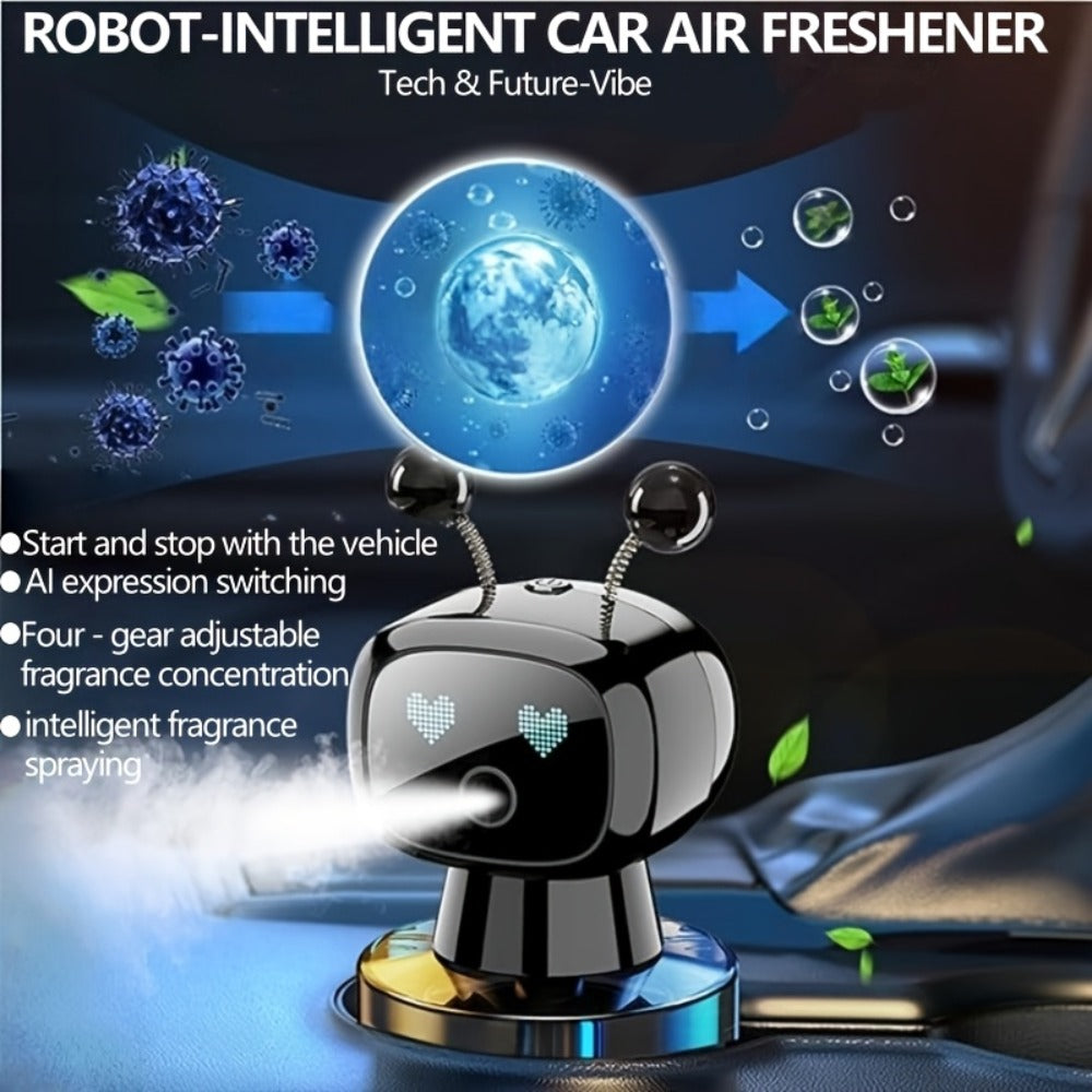 Robot Car Air Freshener USB Rechargeable – AI Expression Display, Auto Spray Synced to Car Start/Stop, 4-Level Fragrance Intensity Control