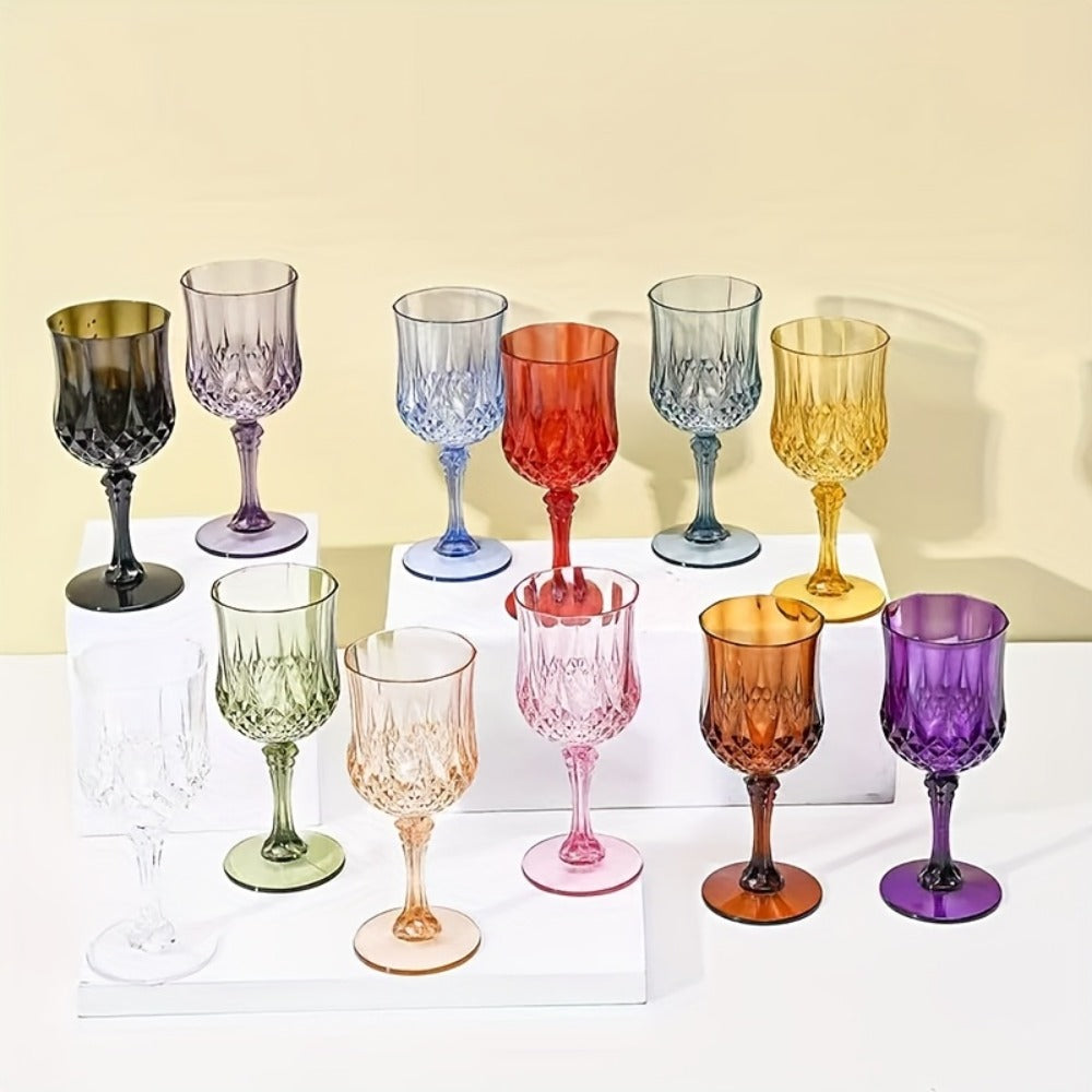 Plastic Wine Glasses 24 Pack – Colorful Shatterproof Goblets for Parties, Weddings & Events – Reusable Vintage-Style Stemmed Cups