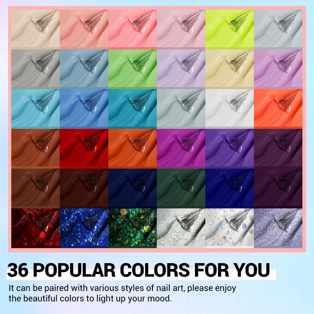 Gel Nail Polish 40-Piece Kit with 36 Colors, Base Coat, Glossy and Matte Top Coats, Glitter Shades and UV Cure