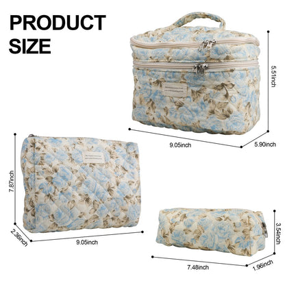 Quilted Floral Makeup Bag Set 3PCS Large Capacity Dual Layer Cotton Cosmetic Bags Coquette Aesthetic Travel Toiletry Organizer Gift