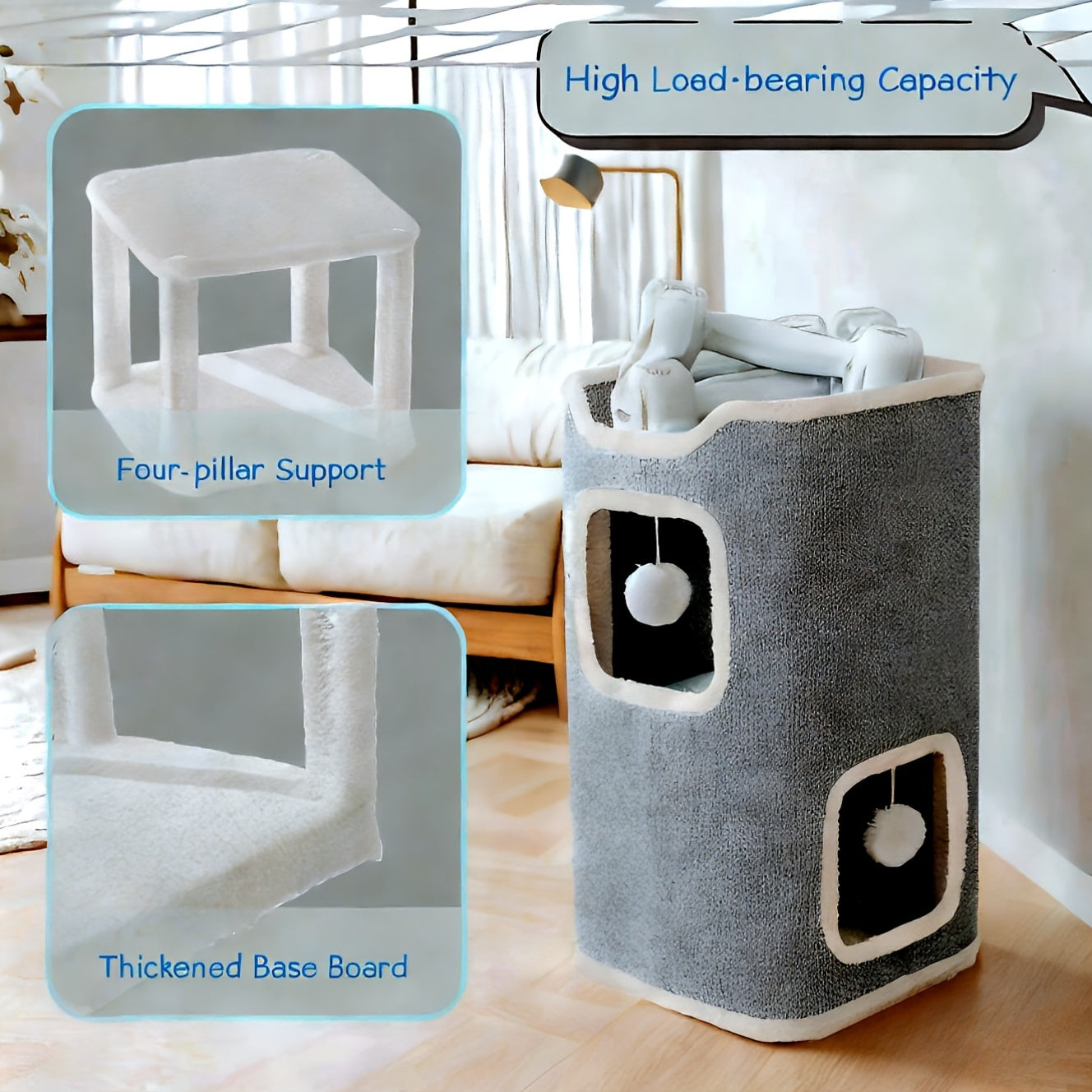 Cat Tree Tower Multi-Level Foldable – Indoor Cat House with Scratch Resistant Post, Soft Top Cat Bed, Cat Hideaway & Bell Ball Toy
