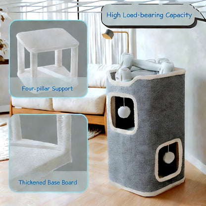Cat Tree Tower Multi-Level Foldable – Indoor Cat House with Scratch Resistant Post, Soft Top Cat Bed, Cat Hideaway & Bell Ball Toy