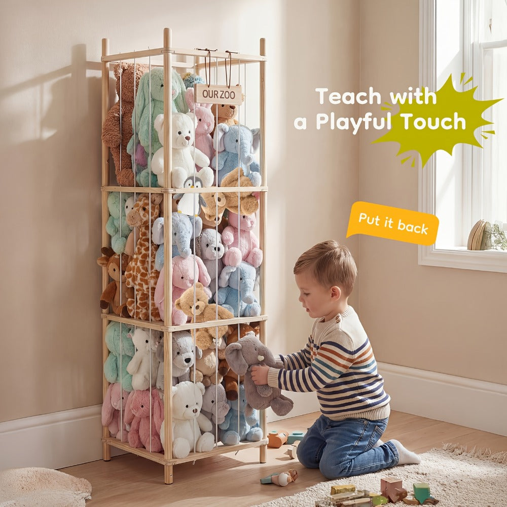 Four-Tier Stuffed Animal Storage Organizer with Rectangular Open Frame in Natural, White or Pink
