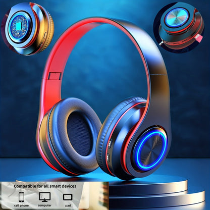 LED Light Over-Ear Wireless Headphones Deep Bass Subwoofer, Active Noise Cancelling Foldable Headset Bluetooth 5.3