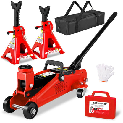 Hydraulic Floor Jack Kit 2/2.5/3 Ton Low Profile Trolley Jack with Jack Stands, Tire Repair Kit, Wheel Wrench & Wheel Chock Combo – Red/Blue