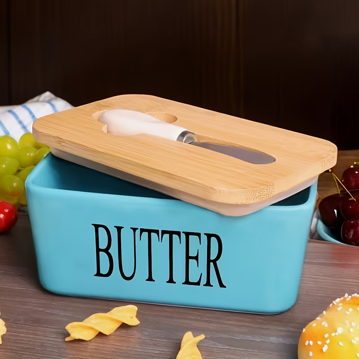 Ceramic Butter Dish with Lid and Knife, Large Countertop Butter Keeper, Airtight Seal, Easy-Clean Design