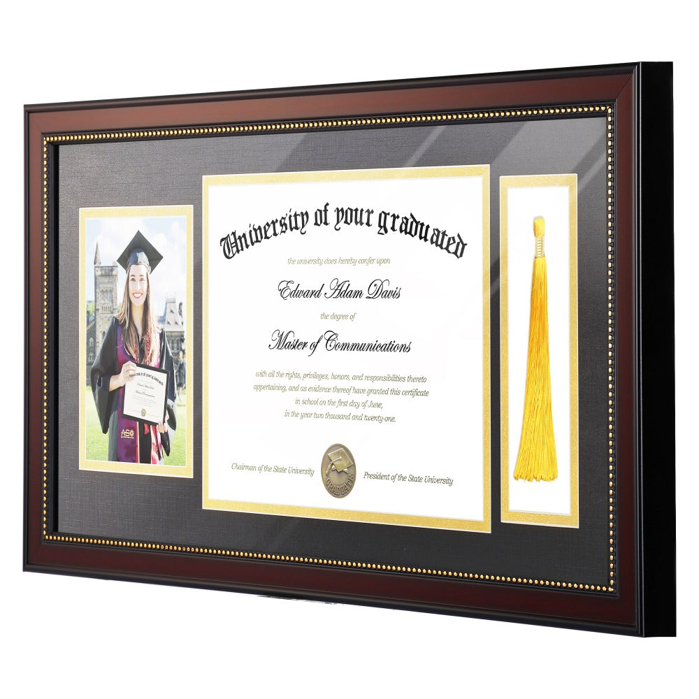 Diploma Frame 11x22 with Tassel Holder for 8.5x11 Certificate and 5x7 Photo, Mahogany Frame with Gold Beads