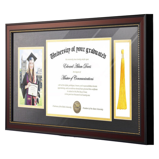 Diploma Frame 11x22 with Tassel Holder for 8.5x11 Certificate and 5x7 Photo, Mahogany Frame with Gold Beads