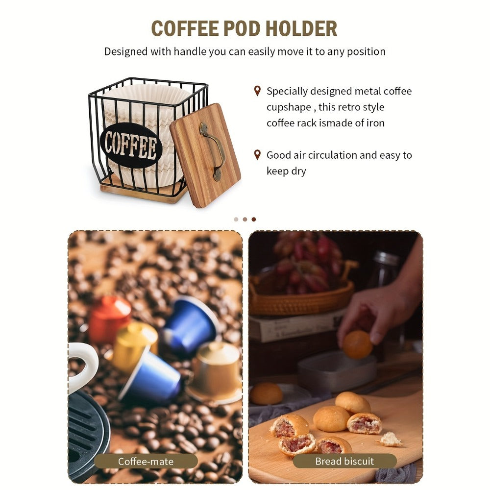 K-Cup Coffee Pod Holder Rack with Lid – Large Capacity Black Metal Square Coffee Capsule Storage Organizer with Wooden Base