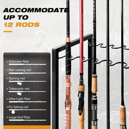 Fishing Rod Holder Rack Rotating Tackle Storage Cart Iron Wood Holds 10 to 12 Rods Garage Fishing Pole Organizer with Wheels Fishing Gear