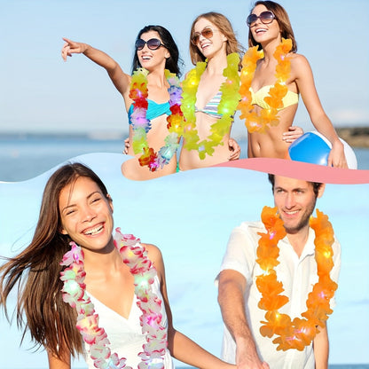 Light Up Hawaiian Lei Necklace 26pcs LED Flower Leis Glow Necklaces for Luau Party Beach Party Tropical Costume Accessories