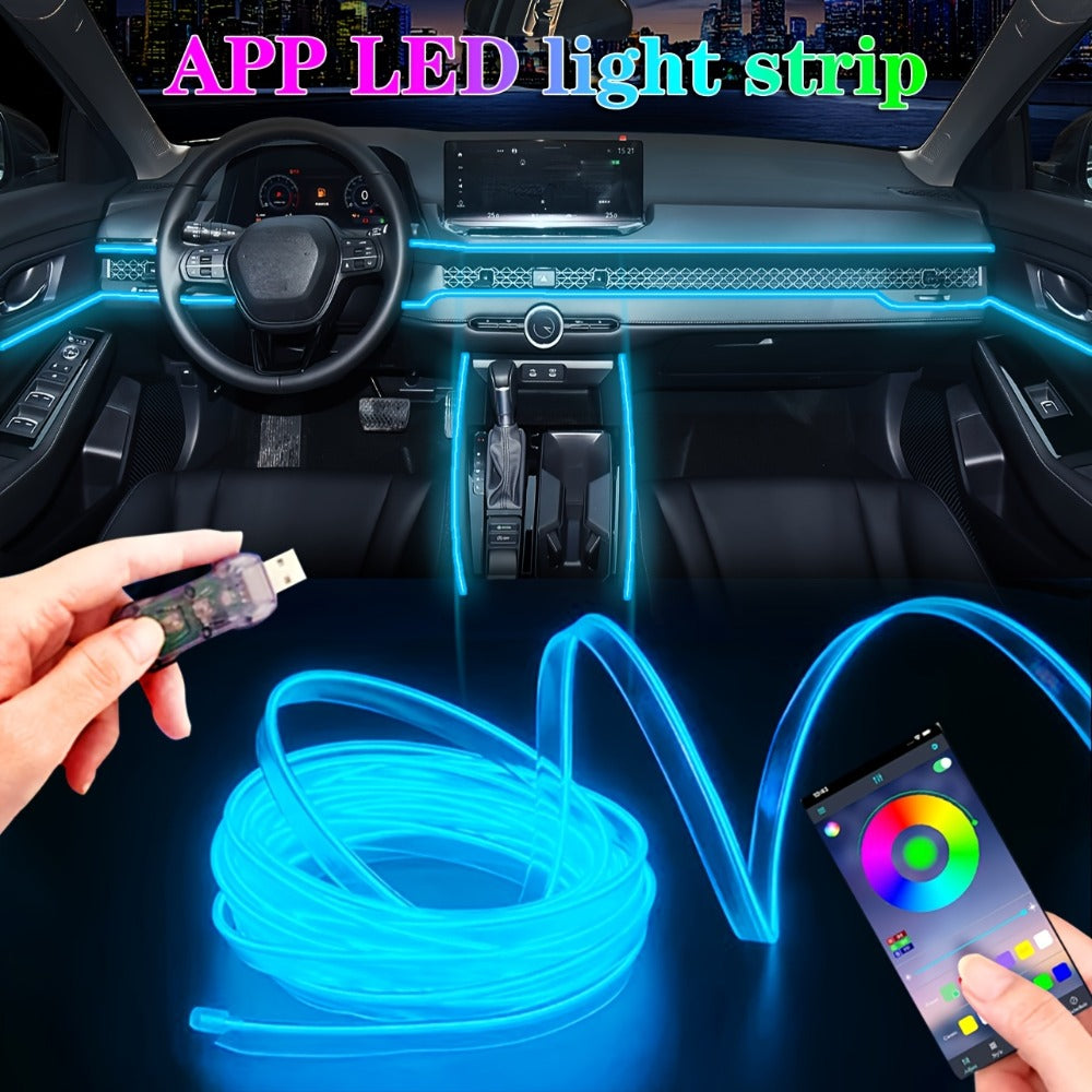 Car Interior Ambient Lighting Kit with Four Checkout Configurations, App-Button Control and Fiber-Style Strips