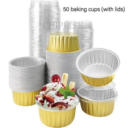 Aluminum Foil Baking Cups with Lids, Disposable Cupcake Molds with Spoons, Foil Dessert Cups for Pudding Muffins Mousse