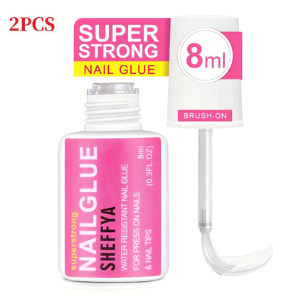 Nail Glue Set, 8ml Brush-On Bottles in 2-, 5- or 10-Piece Options with SHEFFYA Package and EMNAGLUE Bottle Markings