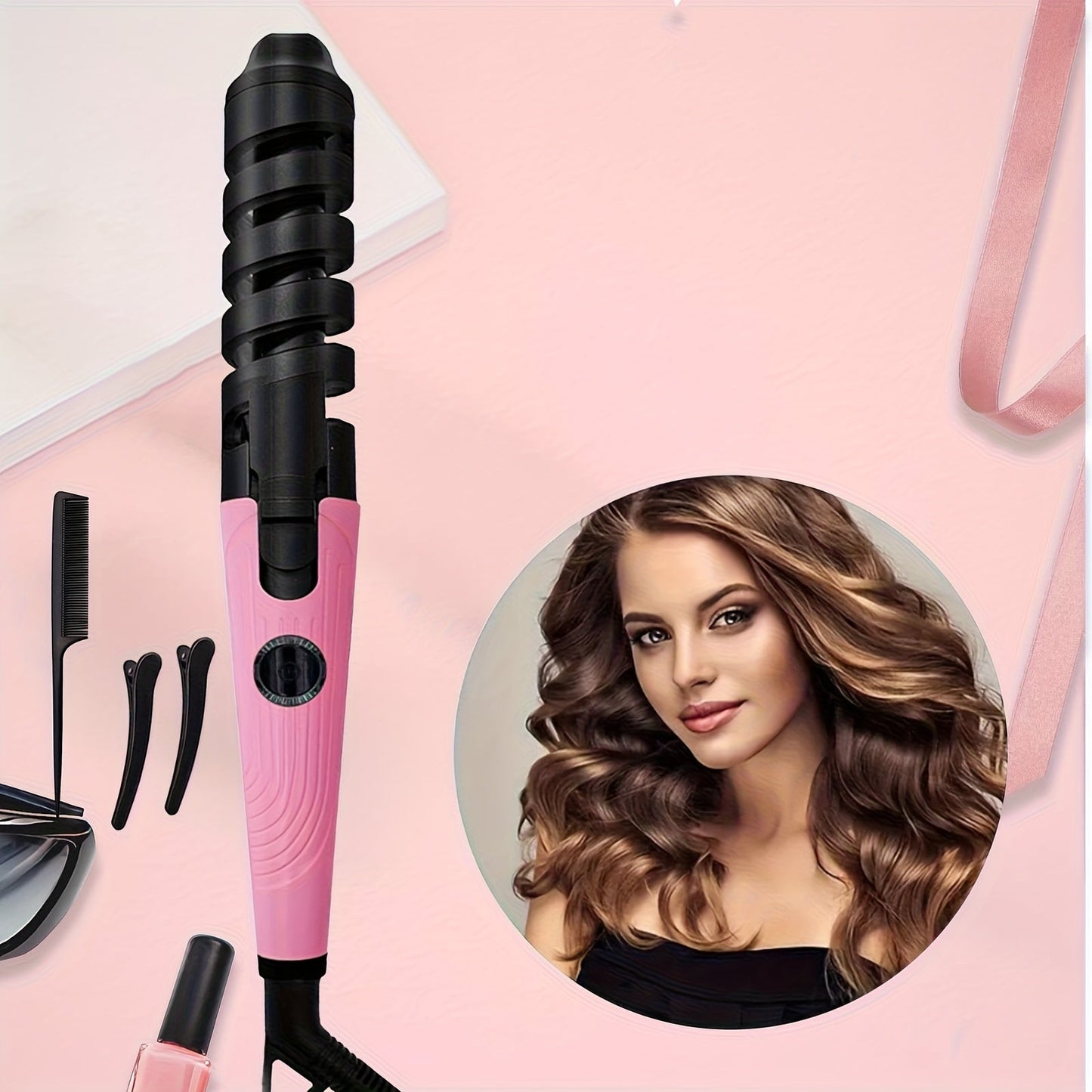 Spiral Curling Iron, Anti-Scald Fast Heating Curler for Long & Short Hair, Portable Rotating Barrel