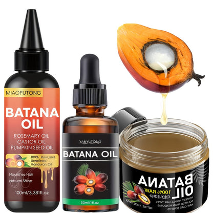 Three-Piece Batana Hair Care Kit with 3.38 oz Pointed Oil Bottle, Dropper and Cream Formats