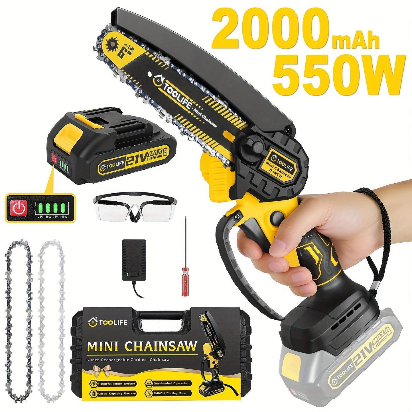Mini Chainsaw Cordless, Handheld Electric Saw Tree Trimming Wood Cutting for Garden, Patio and Yard Use