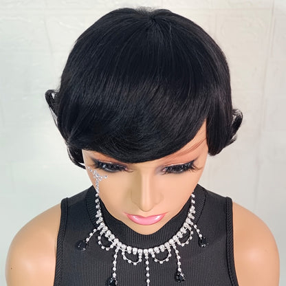Pixie Cut Wig Human Hair with Bangs Glueless Short Brazilian Layered Machine Made Throw-On-and-Go Hairpiece Natural Black 1B Medium Brown #4