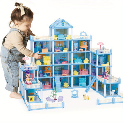 Princess Doll House Castle with Furniture & Accessories, Pink or Blue Mini Villa Playset 14 to 27 Rooms