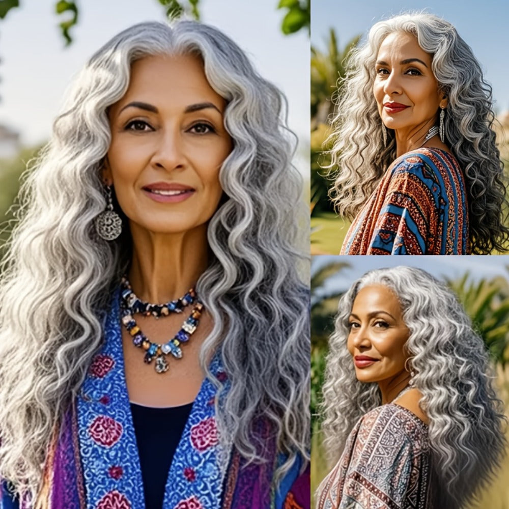 Synthetic Wig 24-Inch Space Gray Deep Waves with Glueless Buckle Cap and Rating with Item-Specific Color, Length, Texture and Cap Choices