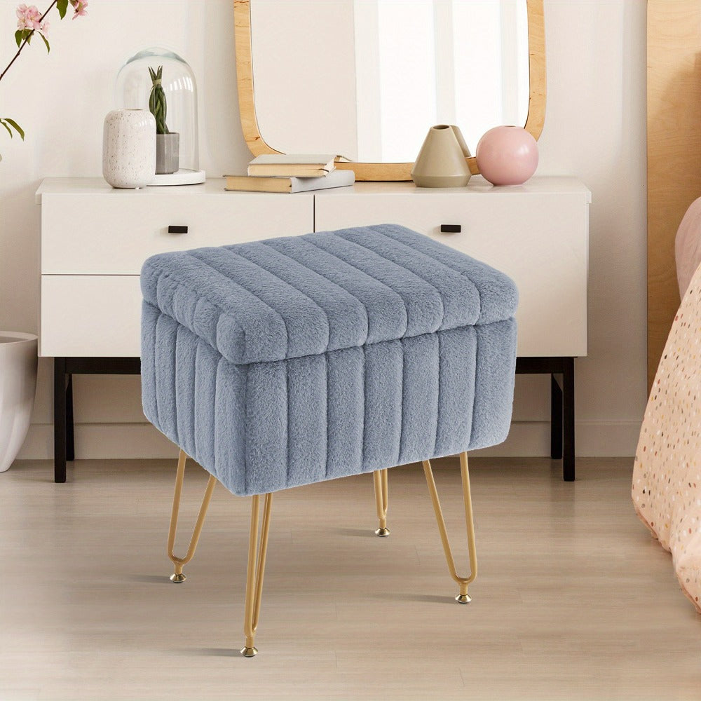 Faux Fur Storage Ottoman Stool, Furry Vanity Seat with Storage, 4 Metal Legs & Feet, Cute Modern Multi-Function Chair for Bedroom