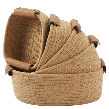 Cotton Rope Storage Baskets Set of 5 with Leather Handles in Four Color Options for Home Organization