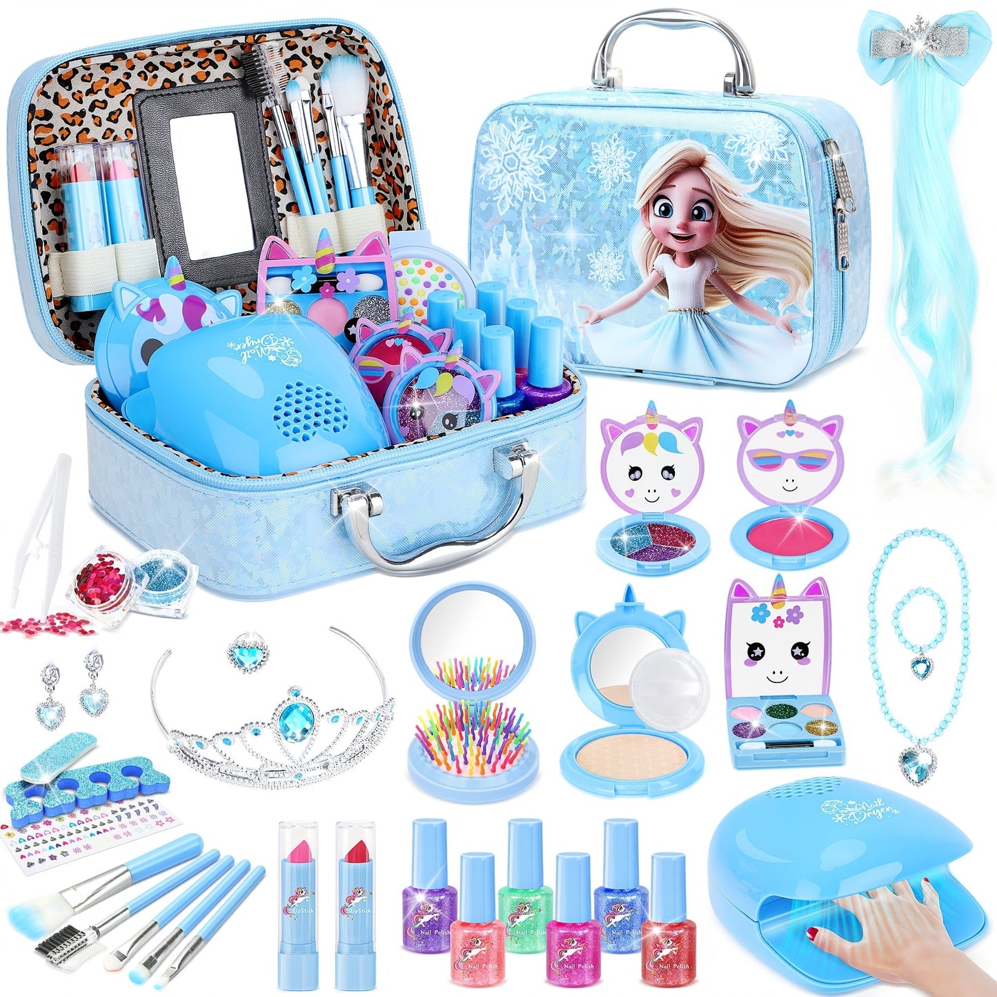 Kids Makeup Set for Girls, 2-in-1 Princess Makeup & Nail Art Kit, Pretend Play Cosmetics with Nail Polish