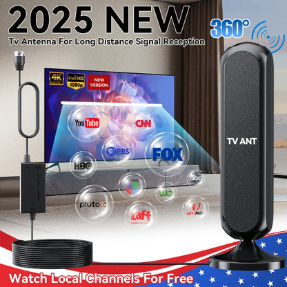 TV Antenna with Vertical Flat Panel, 16-Foot Coaxial Cable, USB-Powered Amplifier and Indoor Stand