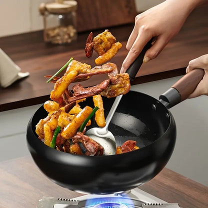 Cast Iron Wok 9.45 Inch Japanese Uncoated Iron Frying Pan Round Bottom Stir Fry Pan with Lid for Home Cooking, Dining and Outdoor Meals