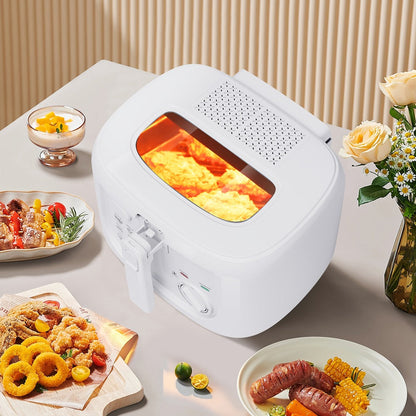 1500W Deep Fryer in Black or White with 84.54-Ounce Source Capacity, Windowed Lid and Rotary Dial