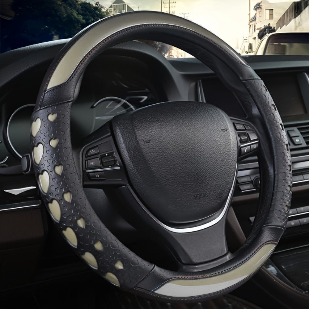 Steering Wheel Cover Faux Leather Heart Pattern – Non-Slip Wear-Resistant Anti-Aging All-Season Car Interior Accessory, Sports Style