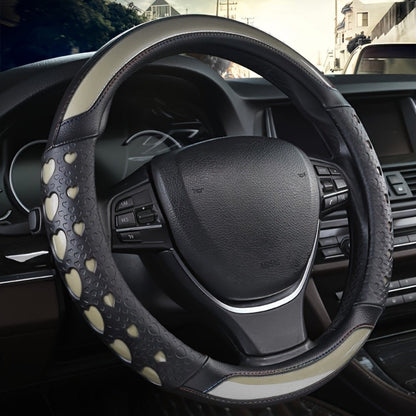 Steering Wheel Cover Faux Leather Heart Pattern – Non-Slip Wear-Resistant Anti-Aging All-Season Car Interior Accessory, Sports Style