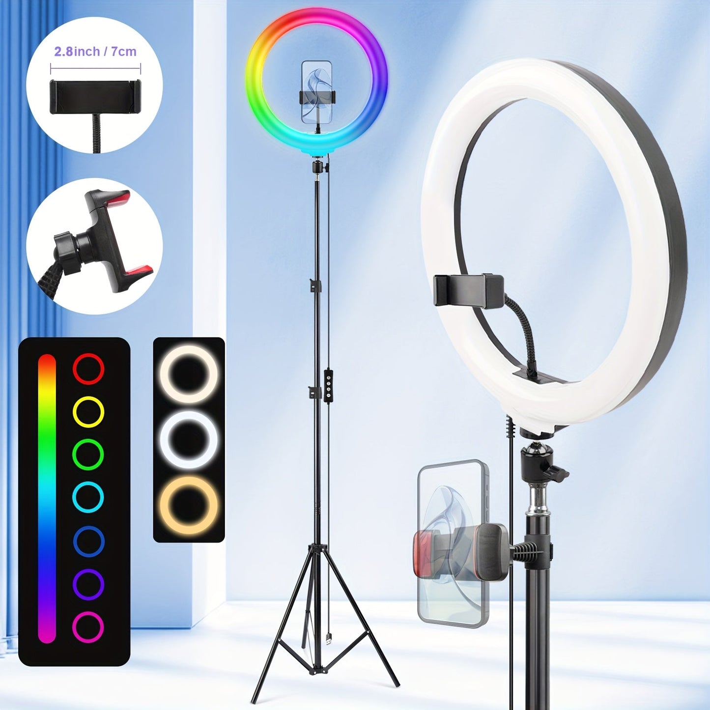 RGB Ring Light 12 Inch Dimmable with 63 Inch Adjustable Tripod USB Powered Phone Stand Gimbal for an Everyday Personal Care Routine