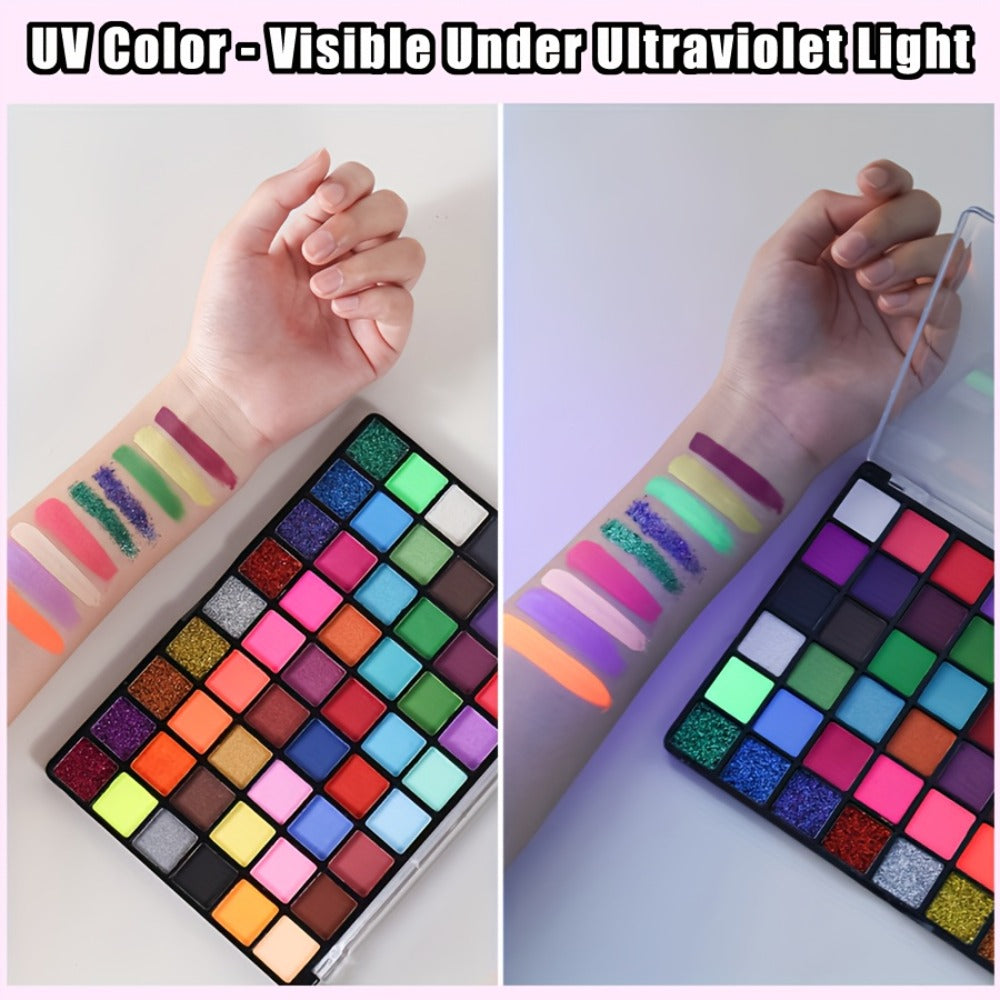 54 Color Face & Body Paint Kit with UV Fluorescent, Matte & Glitter Shades, Pattern Templates, Brushes &