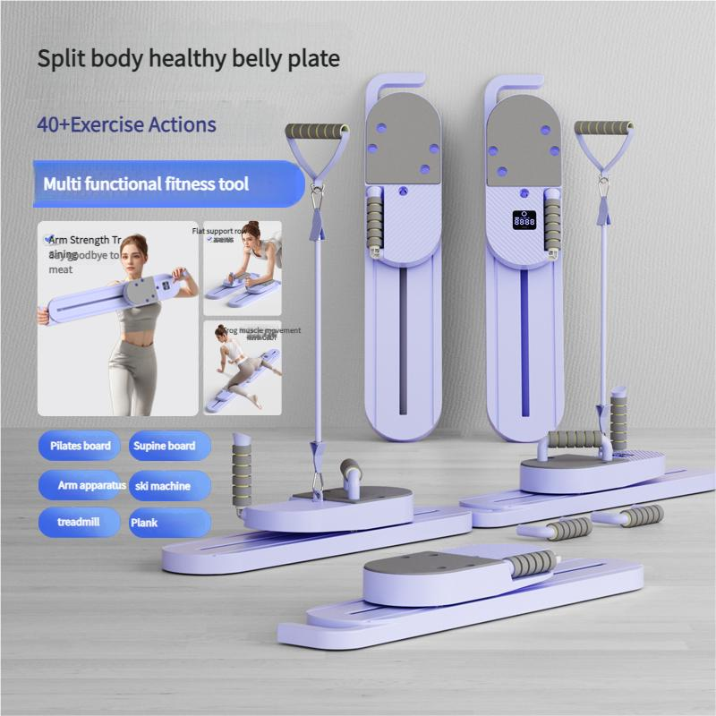 Purple or Blue Compact Pilates Board Trainer with Sliding Base, Display Panel and Resistance Handles