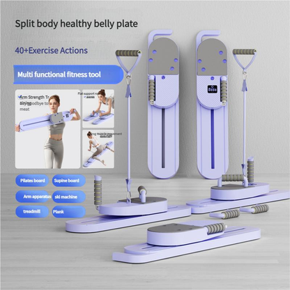 Purple or Blue Compact Pilates Board Trainer with Sliding Base, Display Panel and Resistance Handles