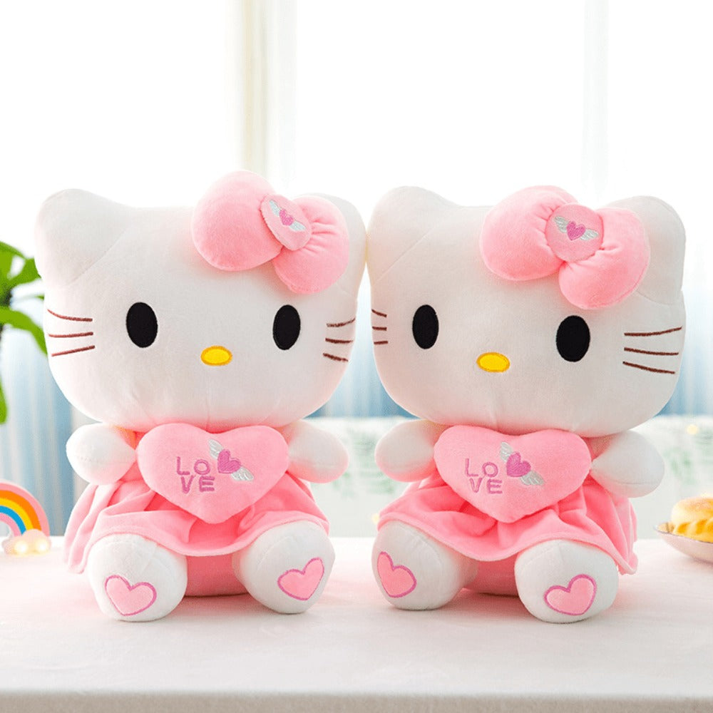 Hello Kitty Stuffed Animal Plush Doll Officially Licensed Sanrio, Pink White KT Cat Cuddly Plush with Hugging Heart