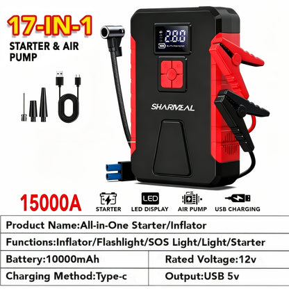 Portable Jump Starter with Air Compressor – 15000A-19000A Peak 350PSI 12V 17-in-1 Car Battery Jump Starter, Digital Display