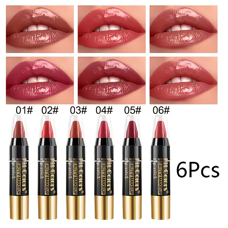 Glossy Crayon Lipstick Set 6 Pack Nourishing Lip Color, for Makeup, Travel and Everyday Vanity Use