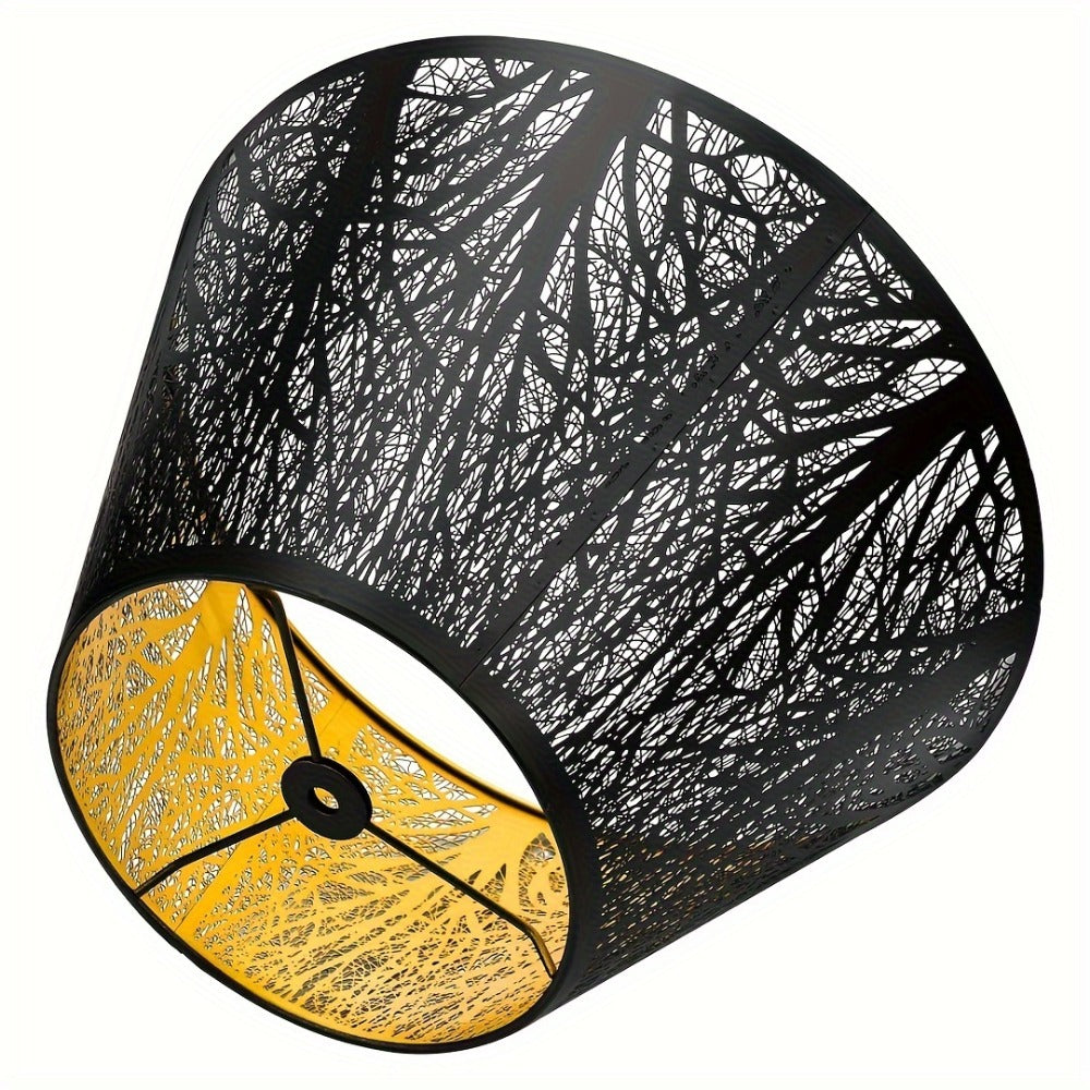Metal Lampshade Etched Forest & Leaf Design | Black Exterior Gold Interior | Barrel Lamp Shade for Table Lamp & Floor Lamp |