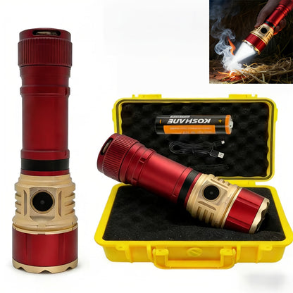 Flashlight Fresnel Lens Rechargeable Hand Torch with 21700 3500mAh Battery in Red Finish for Outdoor Use