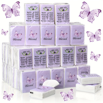 Christian Blessed Pocket Tissues 100 Pack 3-Ply Purple Butterfly Lavender Floral Design 7 Sheets Per Pack for Weddings Graduation Church