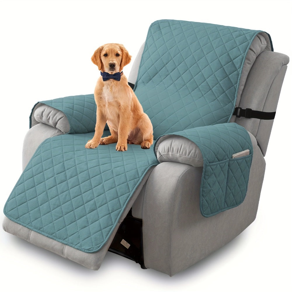 One-Piece Quilted Recliner Chair Cover with Wide Arm Wings, Back Strap and Eight Color Options