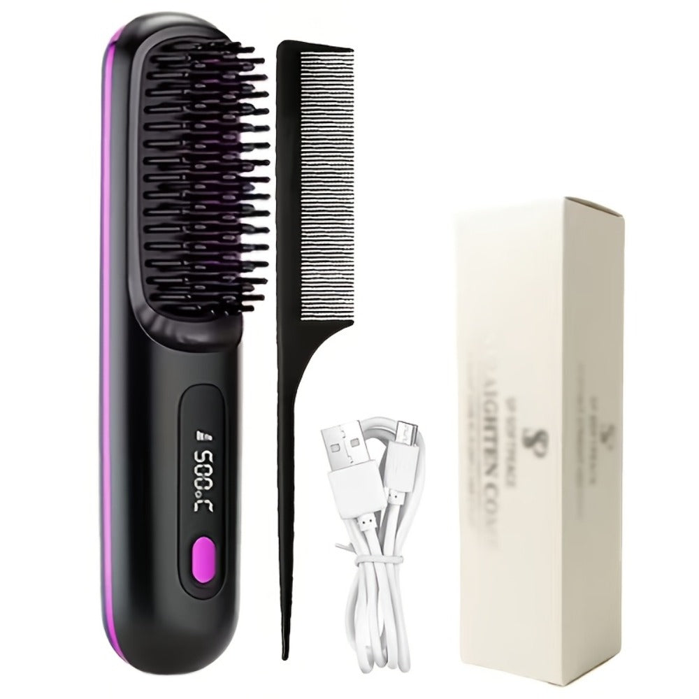 Compact Rechargeable Straightening Brush in Black or White with Display, Comb and USB Cable