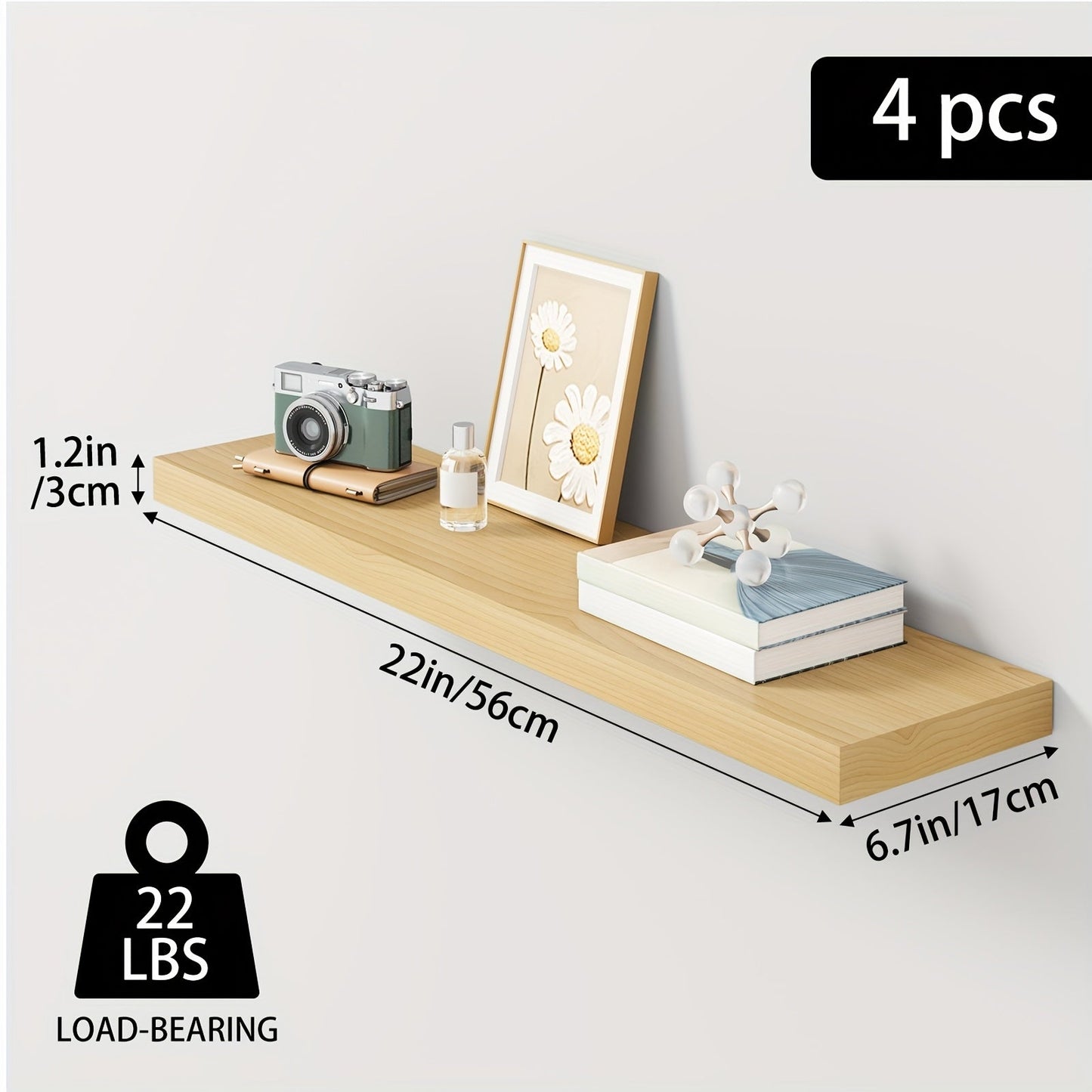 Floating Shelves Wall Mounted Set of 4 – 22 Inch Wall Shelves with Invisible Brackets for Bathroom Living Room Bedroom Kitchen Decor